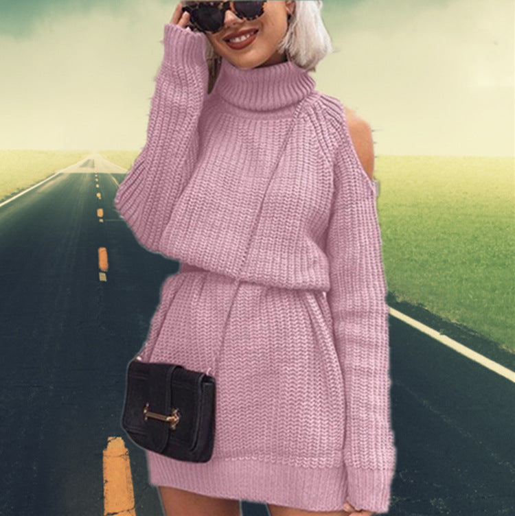 Damen eleganter Strickpullover mit hochgeschlossenem Kragen und offenen Schultern Drune