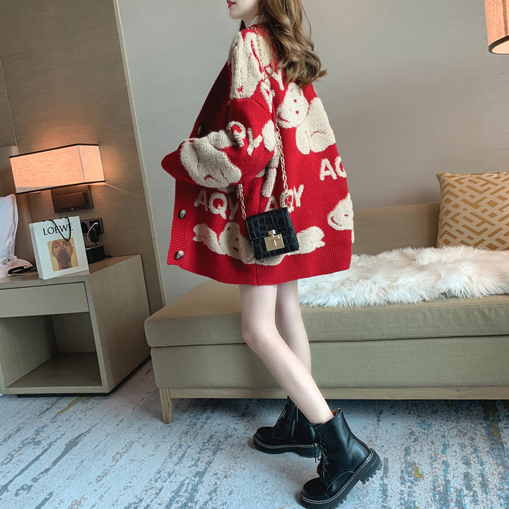 Damen Kuschelige Strickjacke mit süßem Motiv und großen Taschen Drune