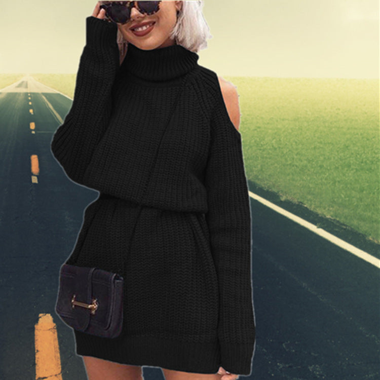 Damen eleganter Strickpullover mit hochgeschlossenem Kragen und offenen Schultern Drune