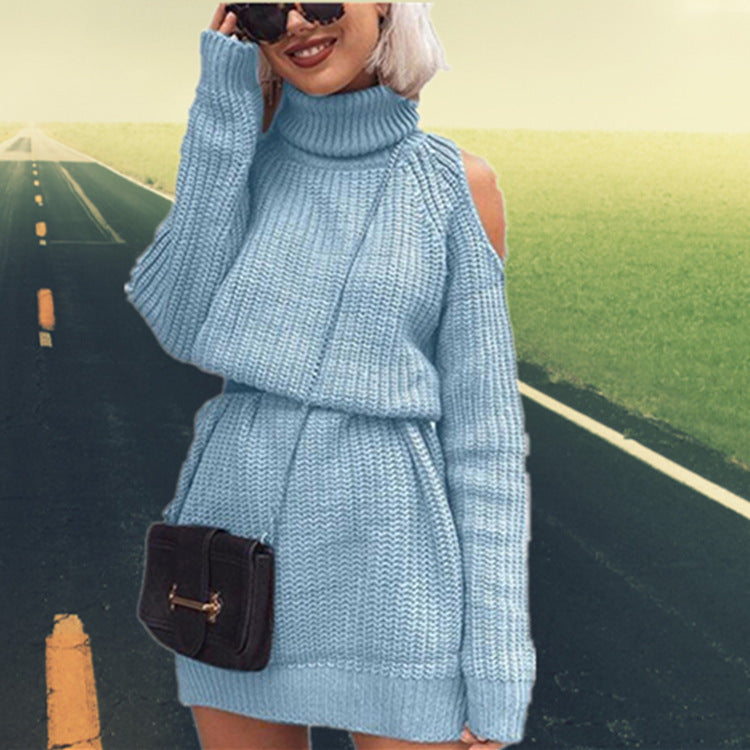 Damen eleganter Strickpullover mit hochgeschlossenem Kragen und offenen Schultern Drune