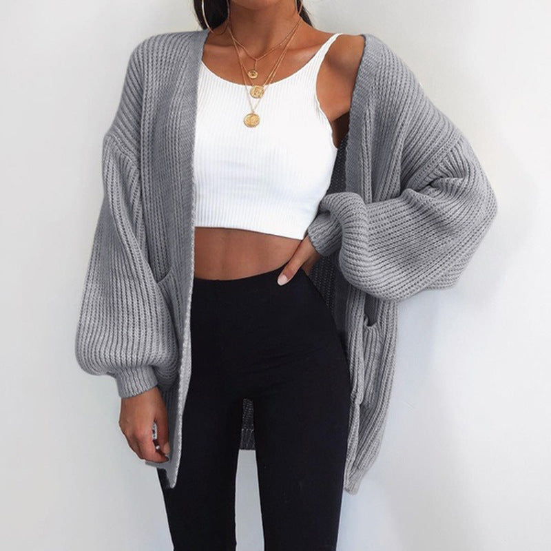 Damen Grobstrickcardigan mit balloonförmigen Ärmeln und offenen Taschen Drune