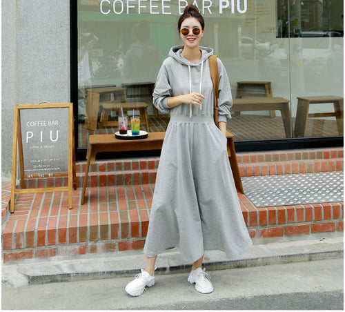 Damen Maxi‑Sweatkleid mit Kapuze, Oversize‑Silhouette und seitlichen Eingrifftaschen Drune