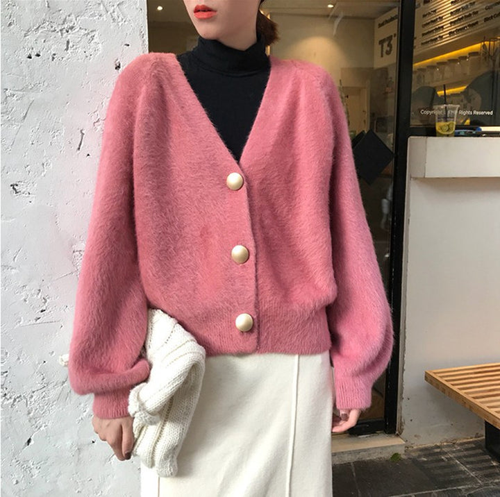 Damen Flauschige Strickjacke mit Knopfdetails Drune