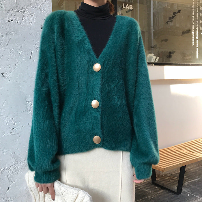 Damen Flauschige Strickjacke mit Knopfdetails Drune