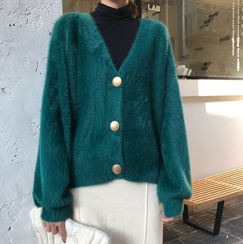 Damen Flauschige Strickjacke mit Knopfdetails Drune
