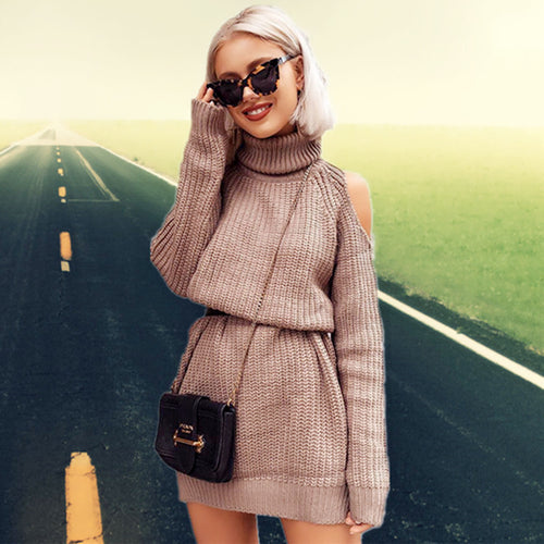 Damen eleganter Strickpullover mit hochgeschlossenem Kragen und offenen Schultern Drune