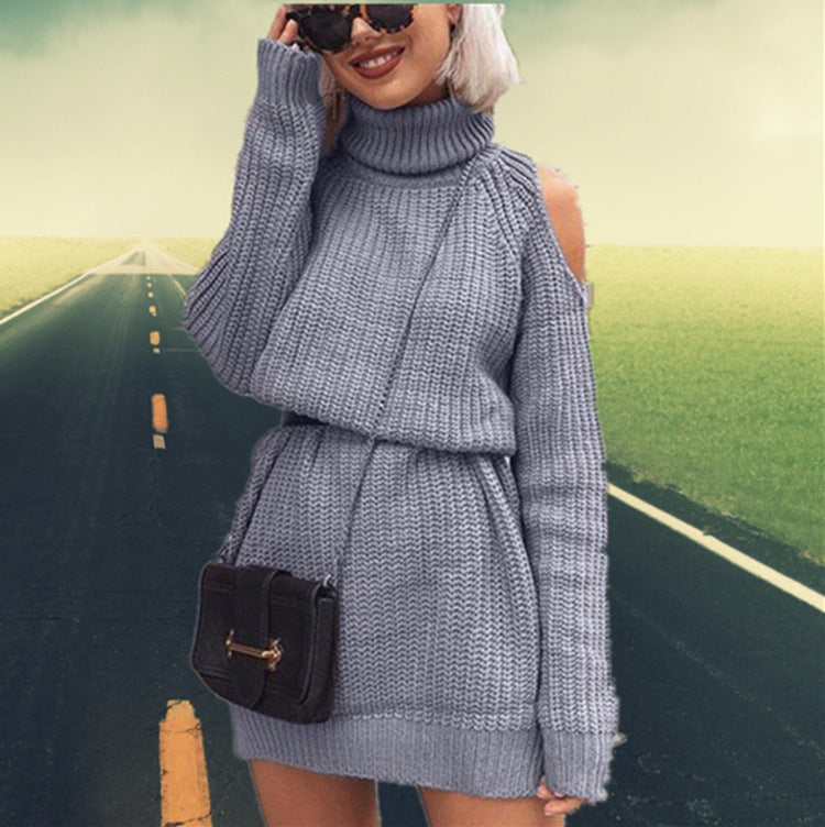 Damen eleganter Strickpullover mit hochgeschlossenem Kragen und offenen Schultern Drune