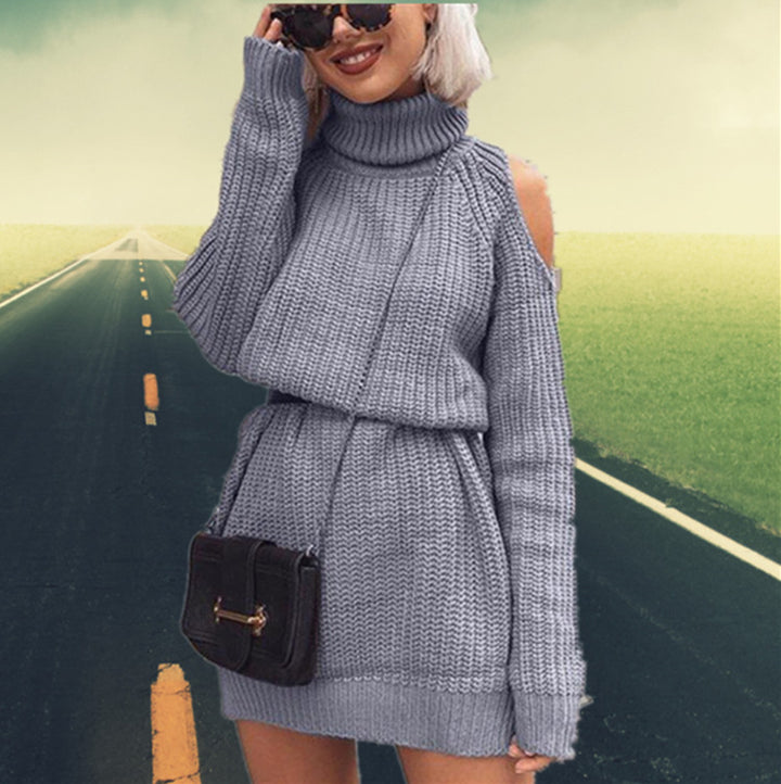 Damen eleganter Strickpullover mit hochgeschlossenem Kragen und offenen Schultern Drune
