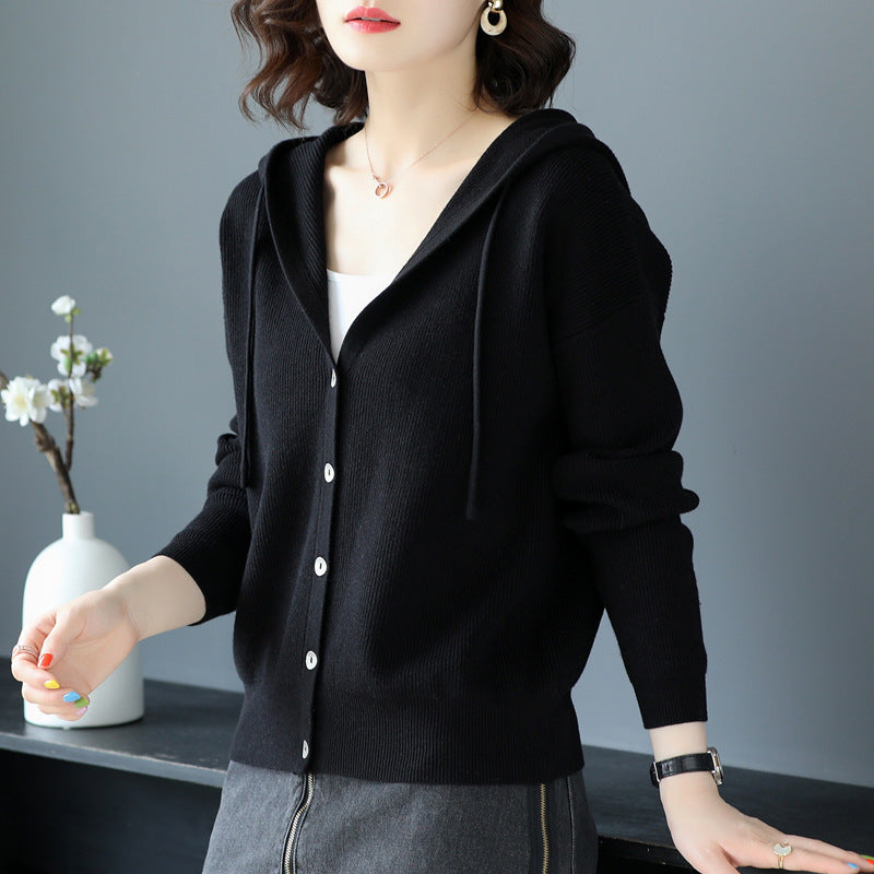 Damen Strickjacke mit Kapuze und Knopfverschluss Drune