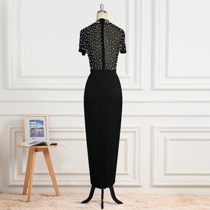 Damen Elegantes Kleid mit transparenten Puffärmeln und Perlenakzenten Drune