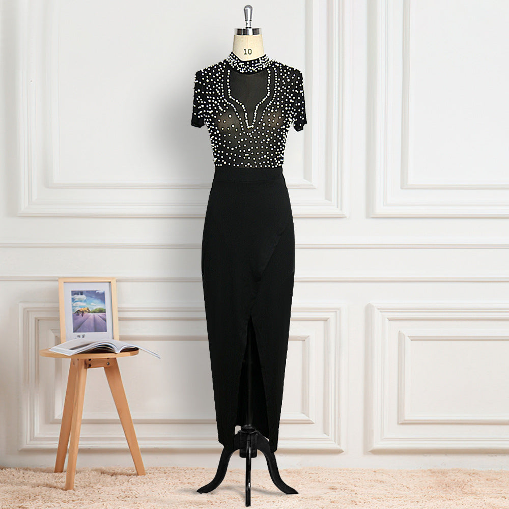 Damen Elegantes Kleid mit transparenten Puffärmeln und Perlenakzenten Drune