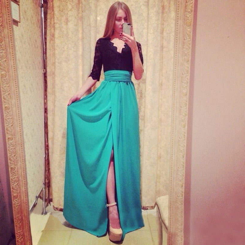 Damen Zweiteiliges Abendkleid mit Spitzen-Corsage, V-Ausschnitt & Maxirock mit hohem Beinschlitz Drune