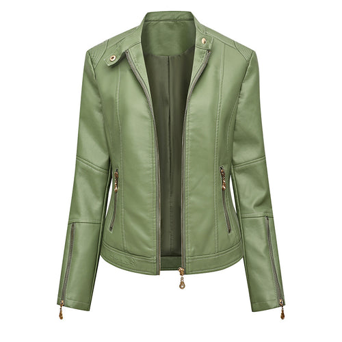 Damen Figurbetonte Kunstleder-Bikerjacke mit Stehkragen, taillierten Nähten und Reißverschlusstaschen Drune