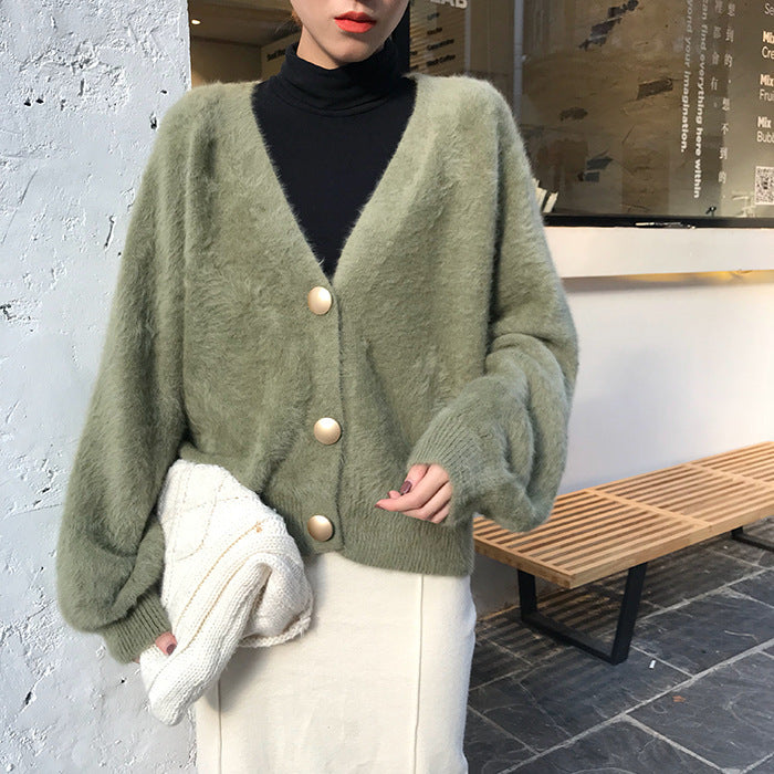 Damen Flauschige Strickjacke mit Knopfdetails Drune