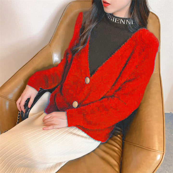 Damen Flauschige Strickjacke mit Knopfdetails Drune