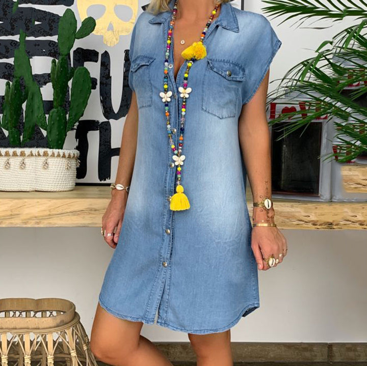 Damen Freizeit Denim Hemdblusenkleid Drune