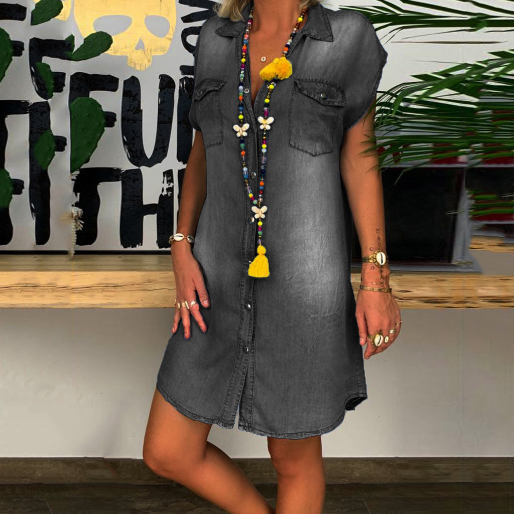 Damen Freizeit Denim Hemdblusenkleid Drune