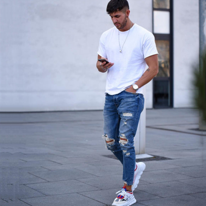 Herren modische Slim Fit Jeans mit angesagten Rissen und Verjüngung Drune