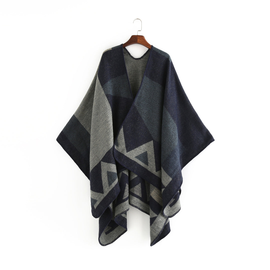 Damen Oversize-Ruana aus Wollmix mit geometrischem Intarsia und offenem Kimono-Fall Drune
