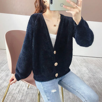 Damen Flauschige Strickjacke mit Knopfdetails Drune
