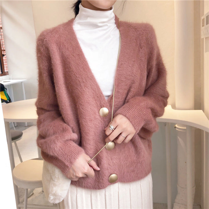 Damen Flauschige Strickjacke mit Knopfdetails Drune