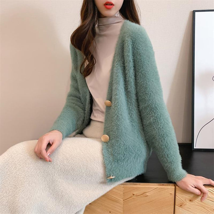 Damen Flauschige Strickjacke mit Knopfdetails Drune