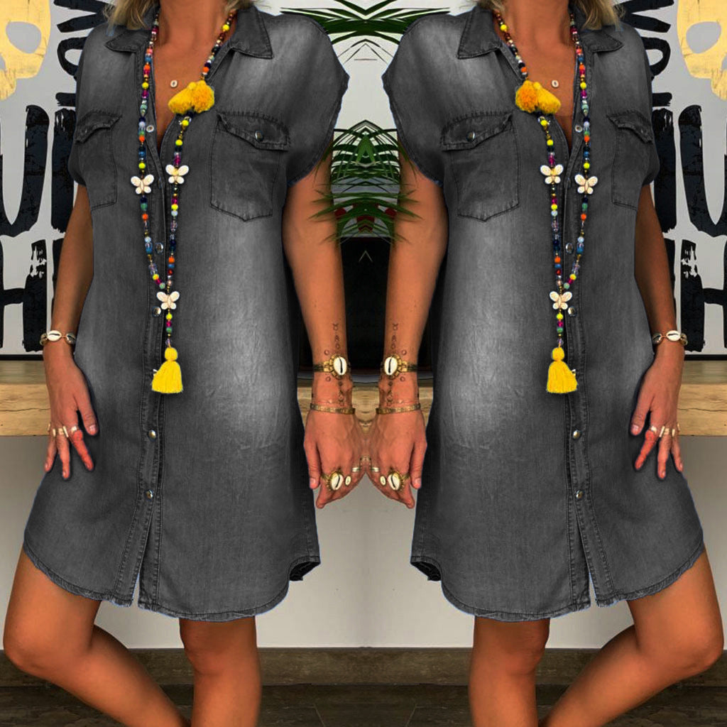 Damen Freizeit Denim Hemdblusenkleid Drune