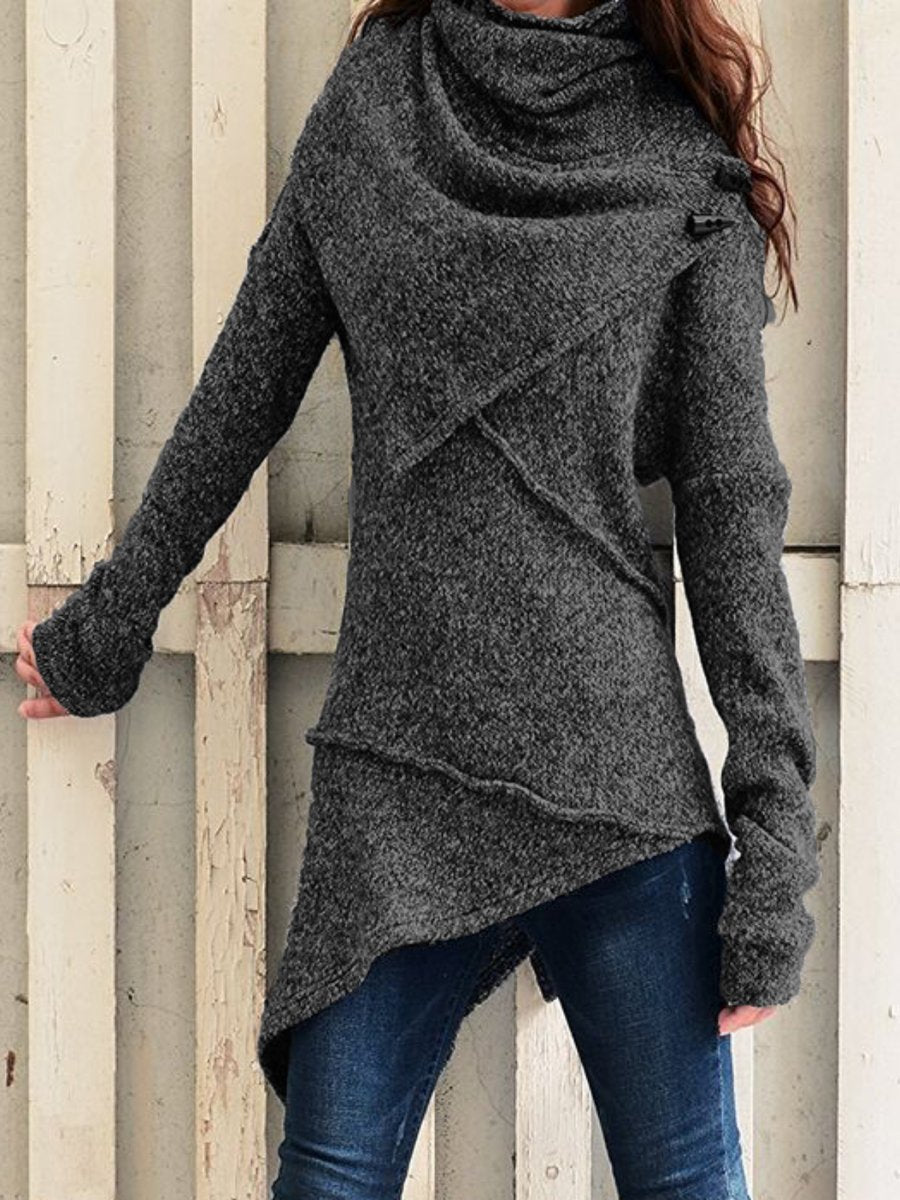 Damen asymmetrischer Boucle-Strickpullover mit großem Schalfkragen Drune