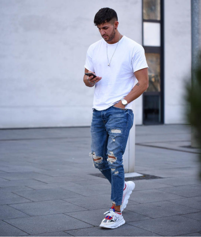 Herren modische Slim Fit Jeans mit angesagten Rissen und Verjüngung Drune