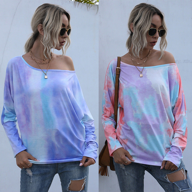 Damen Oversize-Longsleeve mit Off-Shoulder Ausschnitt und Batikmuster Drune
