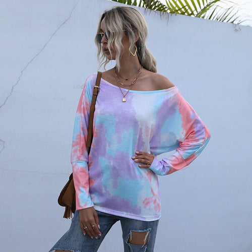 Damen Oversize-Longsleeve mit Off-Shoulder Ausschnitt und Batikmuster Drune