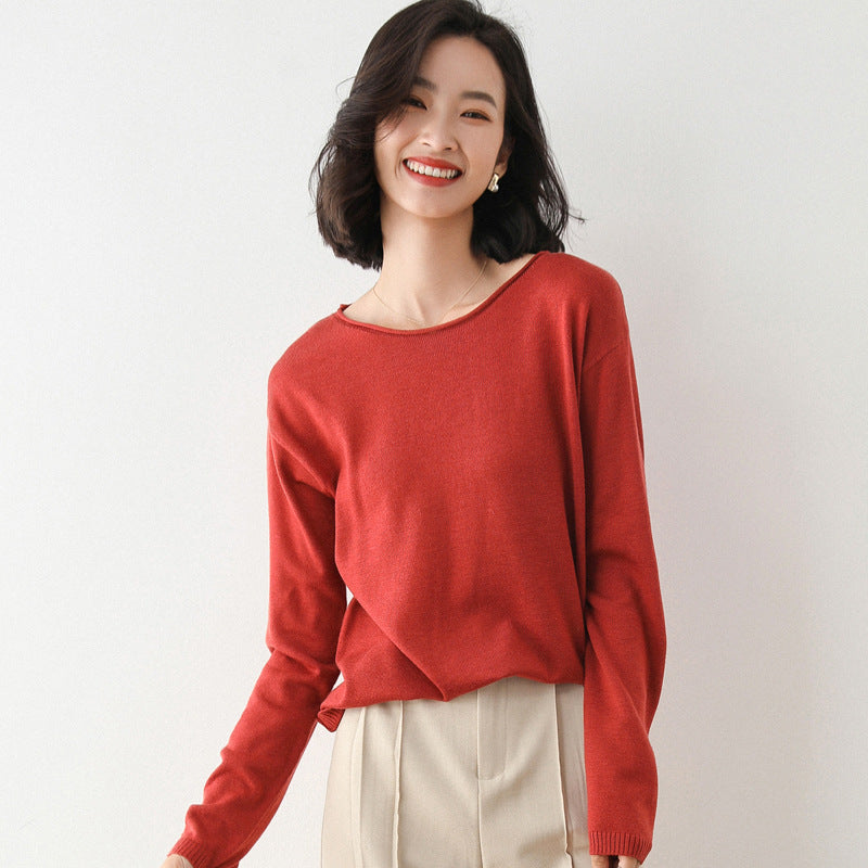Damen Leichter Feinstrick-Pullover mit weitem Rundhalsausschnitt und legerem Schnitt Drune