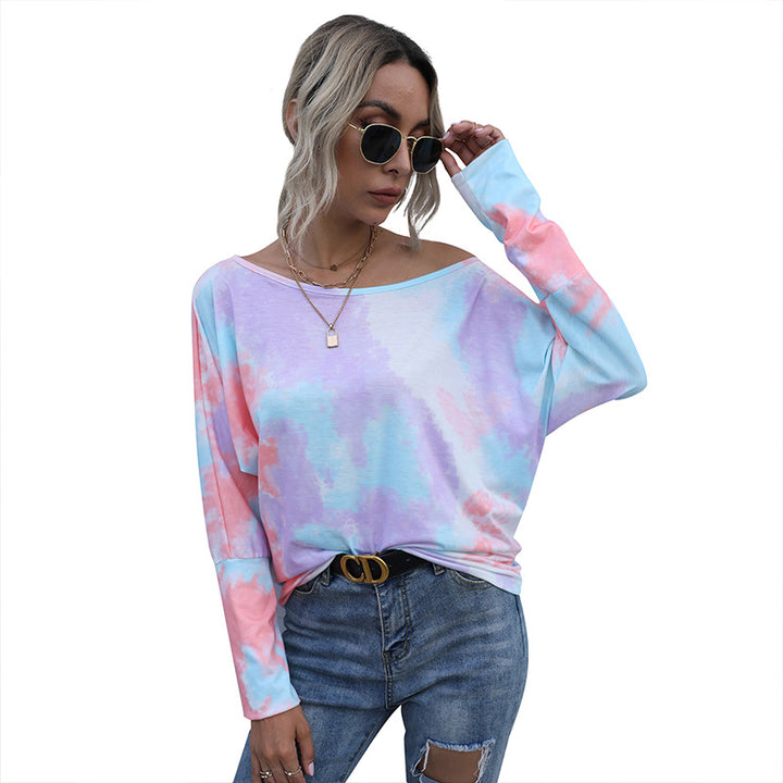 Damen Oversize-Longsleeve mit Off-Shoulder Ausschnitt und Batikmuster Drune
