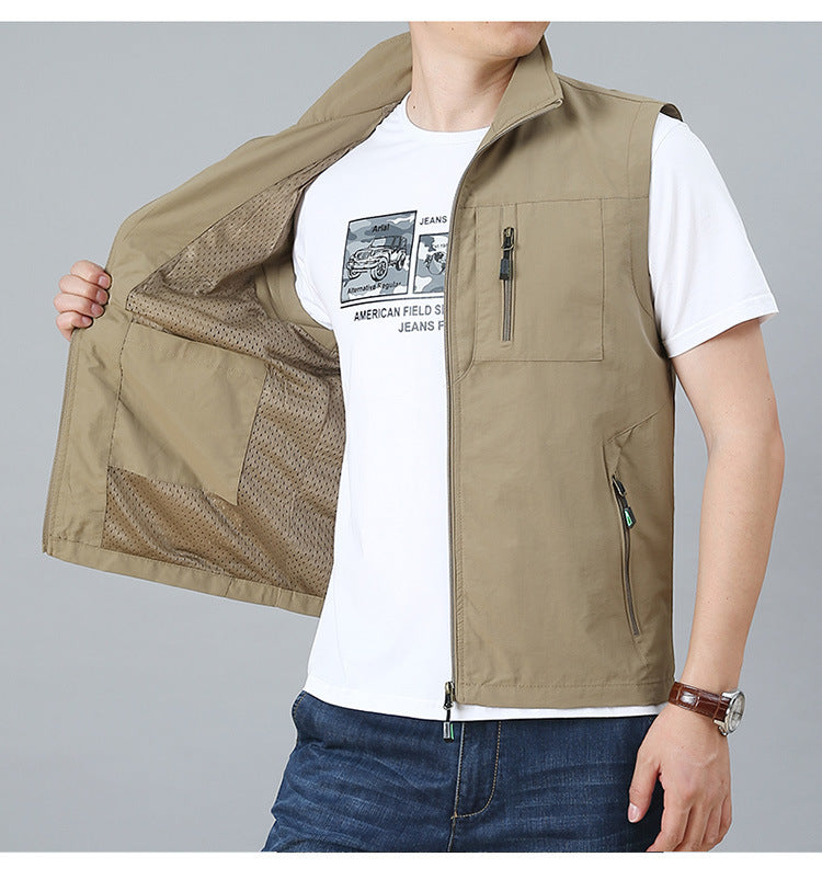 Herren Leichte Multifunktionale Outdoor-Weste mit Reißverschlusstaschen und Stehkragen Drune