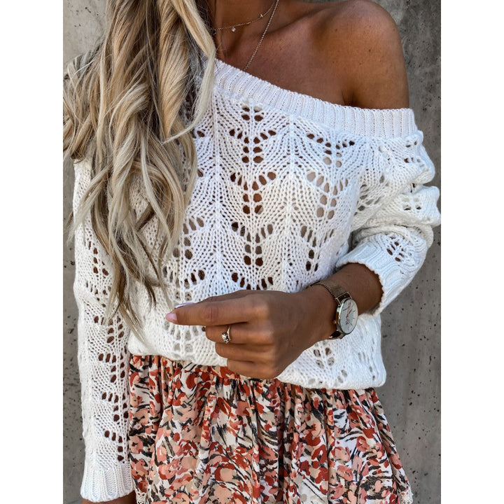 Damen Off-Shoulder Strickpullover mit filigranem Lochmuster Drune