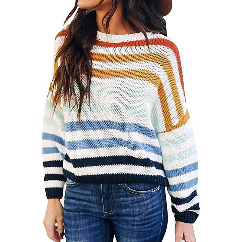 Damen gestreifter Strickpullover mit lässigem Schnitt und breiten Ärmeln Drune