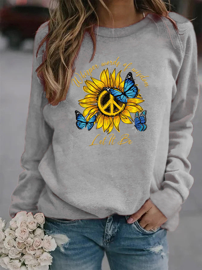 Damen Sweatshirt mit künstlerischem Sonnenblumen- und Schmetterlingsdesign Drune