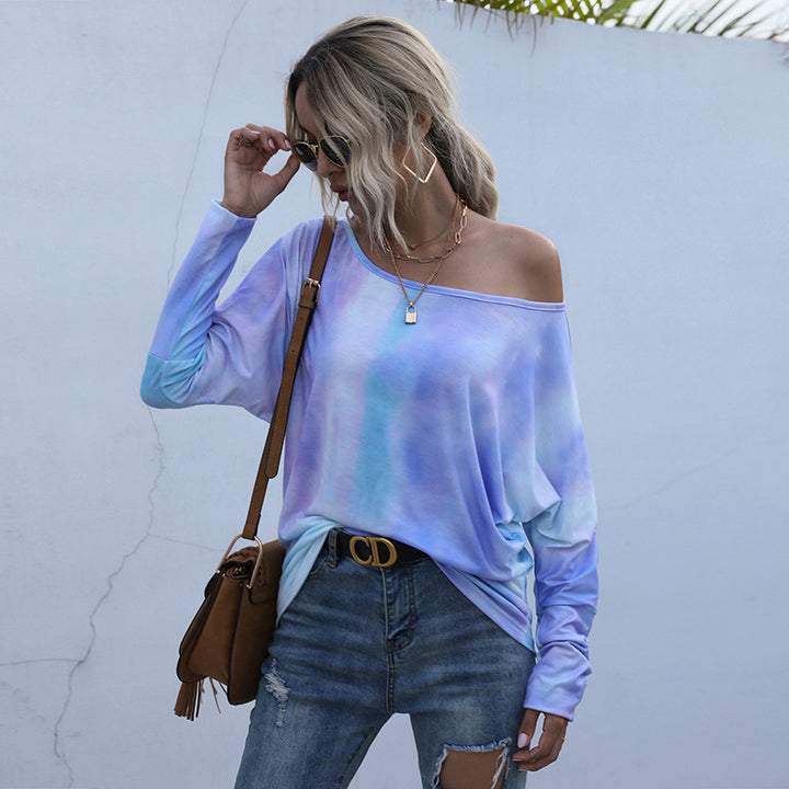 Damen Oversize-Longsleeve mit Off-Shoulder Ausschnitt und Batikmuster Drune