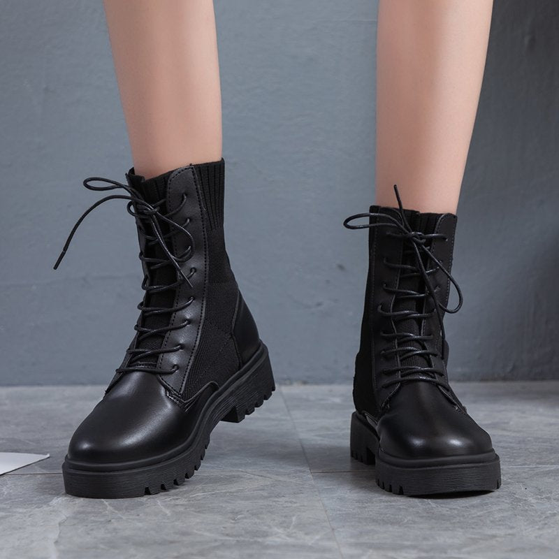 Damen Schnürstiefel mit elastischem Strickschaft und rutschfester Sohle Drune
