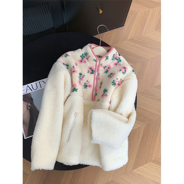 Damen Teddy-Fleece-Pullover mit Stehkragen, floralem Besatz und halbem Reißverschluss Drune