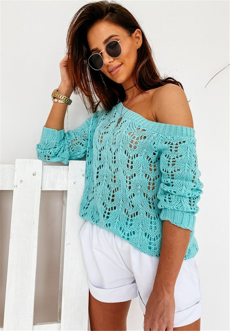 Damen Off-Shoulder Strickpullover mit filigranem Lochmuster Drune