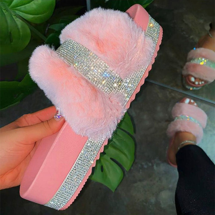 Damen Flauschige Riemchen-Pantoletten mit Glitzerakzenten Drune