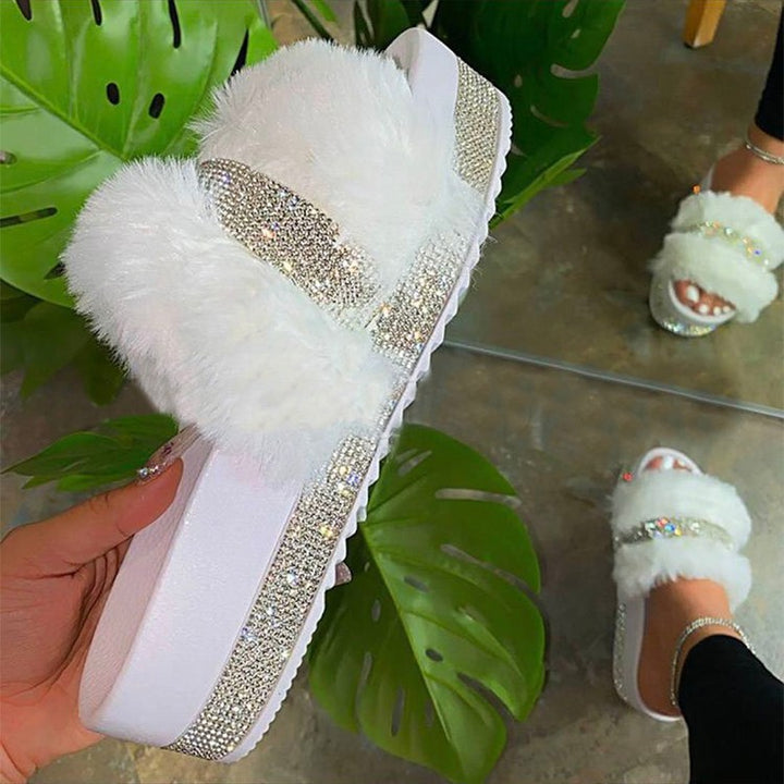 Damen Flauschige Riemchen-Pantoletten mit Glitzerakzenten Drune