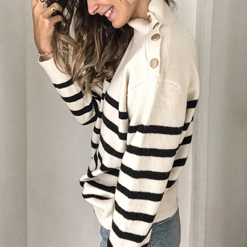 Damen Strickpullover mit stylish Streifenmuster und elegantem Stehkragen Drune