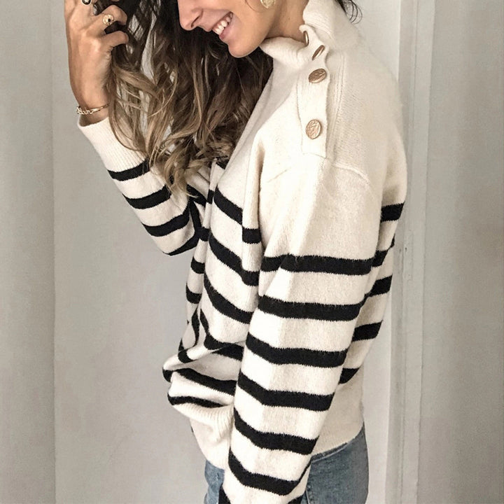 Damen Strickpullover mit stylish Streifenmuster und elegantem Stehkragen Drune