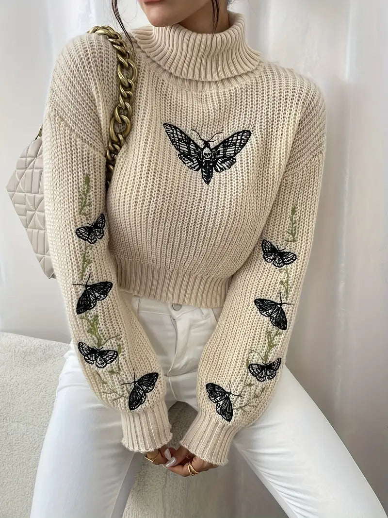 Drune | Pullover mit Schmetterlingsmuster und hohem Kragen - Elegante Damenmode