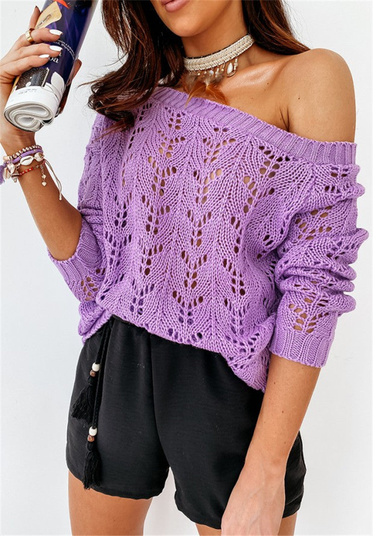 Damen Off-Shoulder Strickpullover mit filigranem Lochmuster Drune