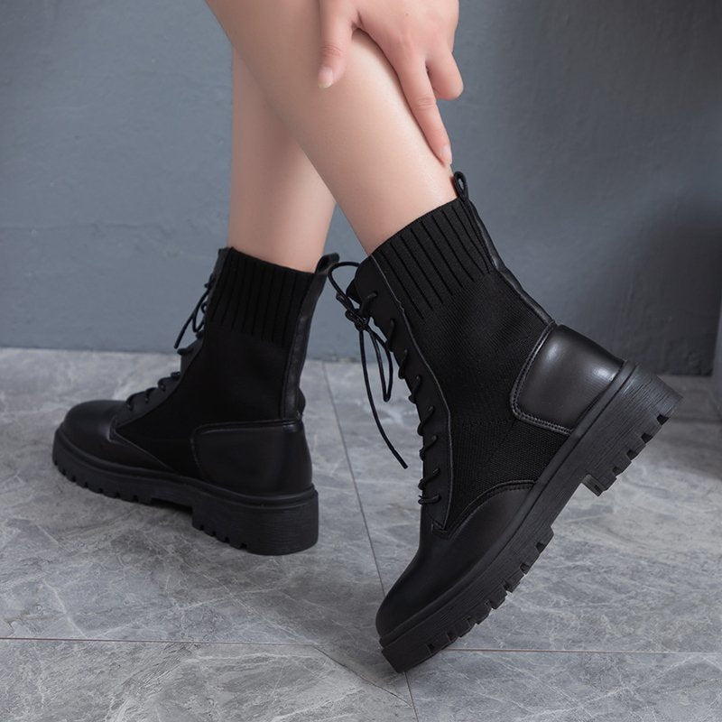 Damen Schnürstiefel mit elastischem Strickschaft und rutschfester Sohle Drune