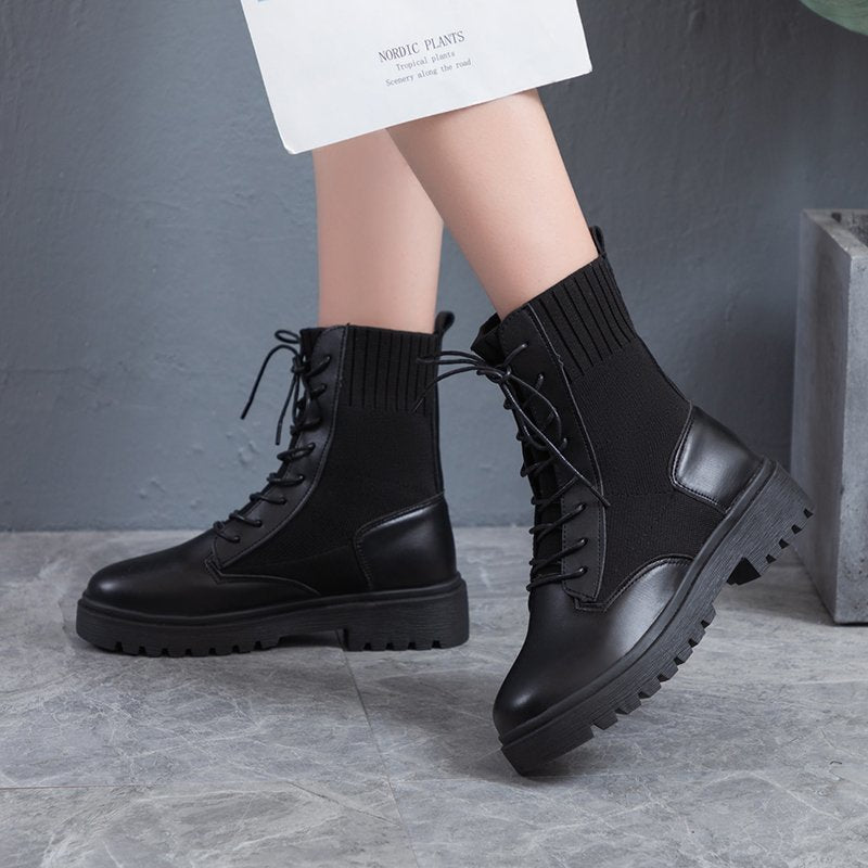 Damen Schnürstiefel mit elastischem Strickschaft und rutschfester Sohle Drune