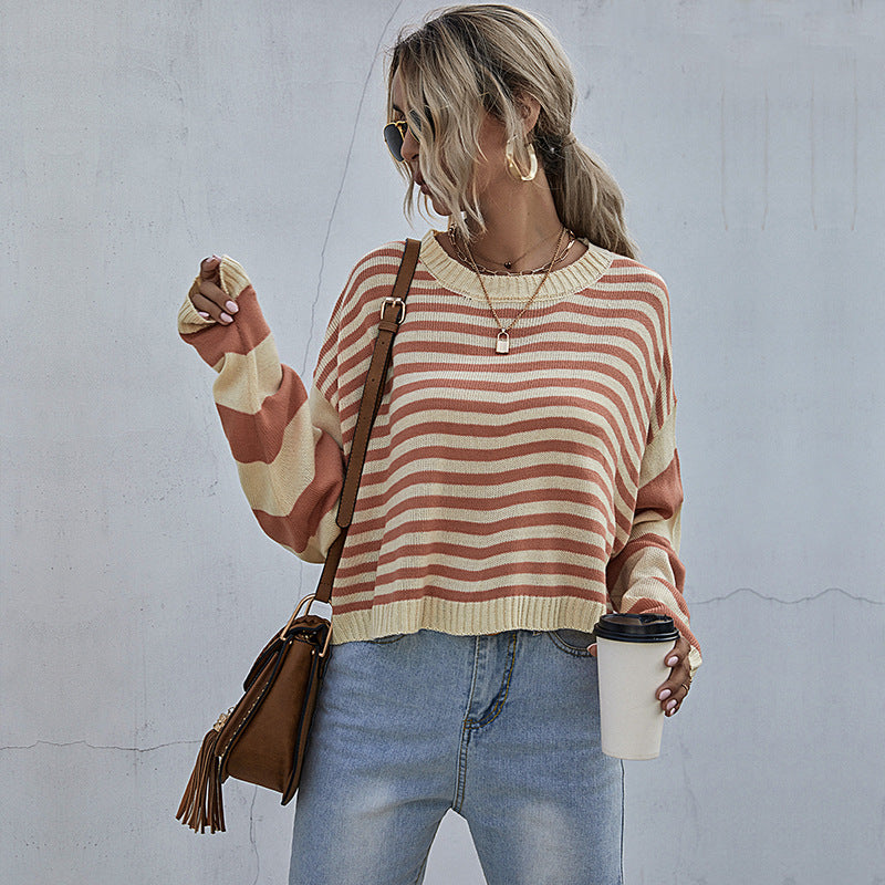 Damen Gestreifter Oversize-Cropped-Strickpullover mit Raglanärmeln und gerippten Abschlüssen Drune